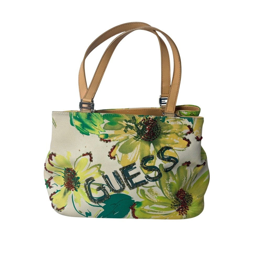 Guess Vintage Y2K Floral Tropical Beaded Canvas Handbag Green Yellow Purse
